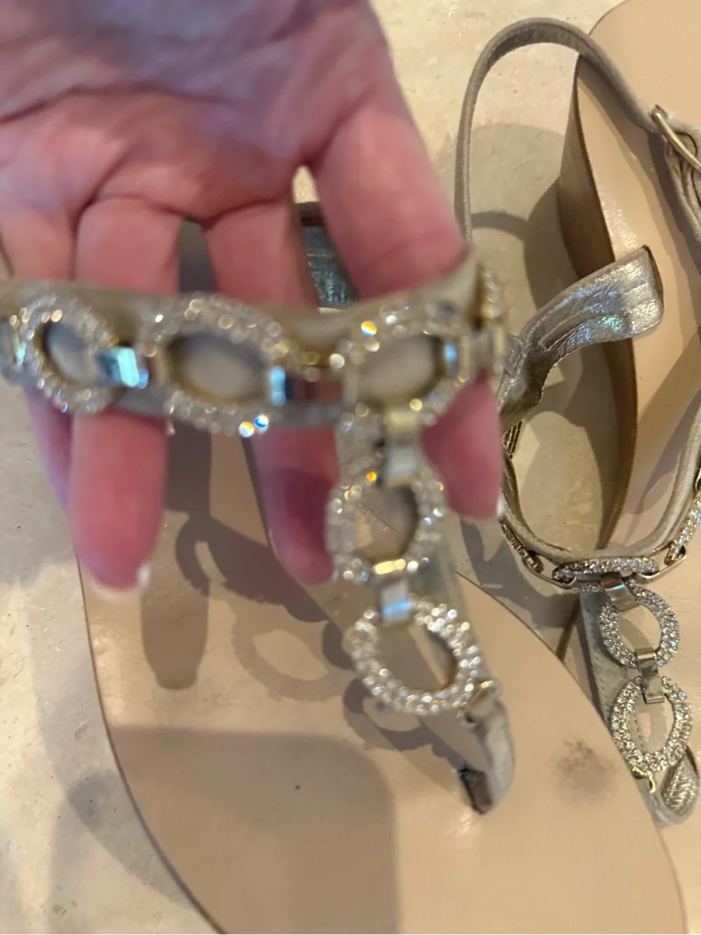 Women's Metallic Silver Chain-Link T-Strap Sandals